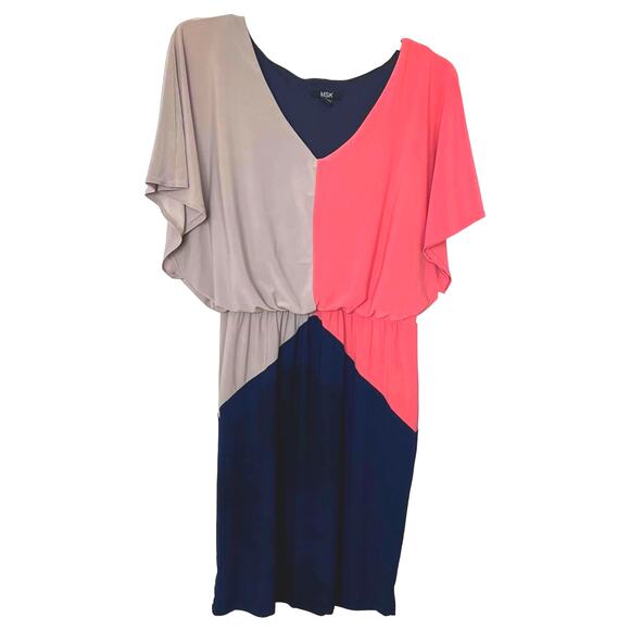 MSK MIDI BLOUSON DRESS, WOMENS, M, NAVY BLUE PEACH TAN, ELASTIC WAIST, V-NECK - Picture 1 of 10